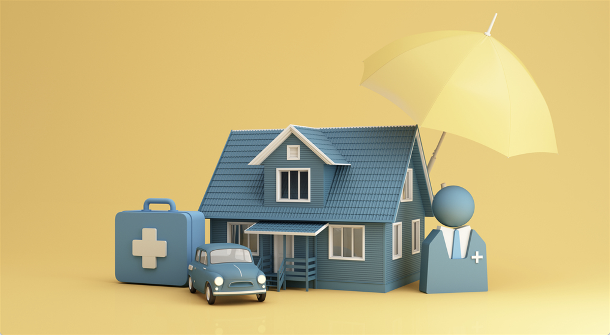 Insurance company client take out complete insurance concept. Assurance and insurance: car, real estate and property, travel, finances, health, family and life. 3d render yellow and blue — Photo