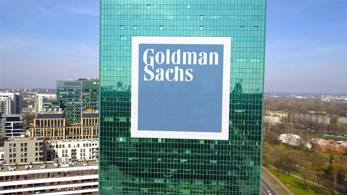 Aerial shot of office skyscraper with The Goldman Sachs Group, Inc. logo. Modern office building. Editorial 3D rendering — Stock Editorial Photography