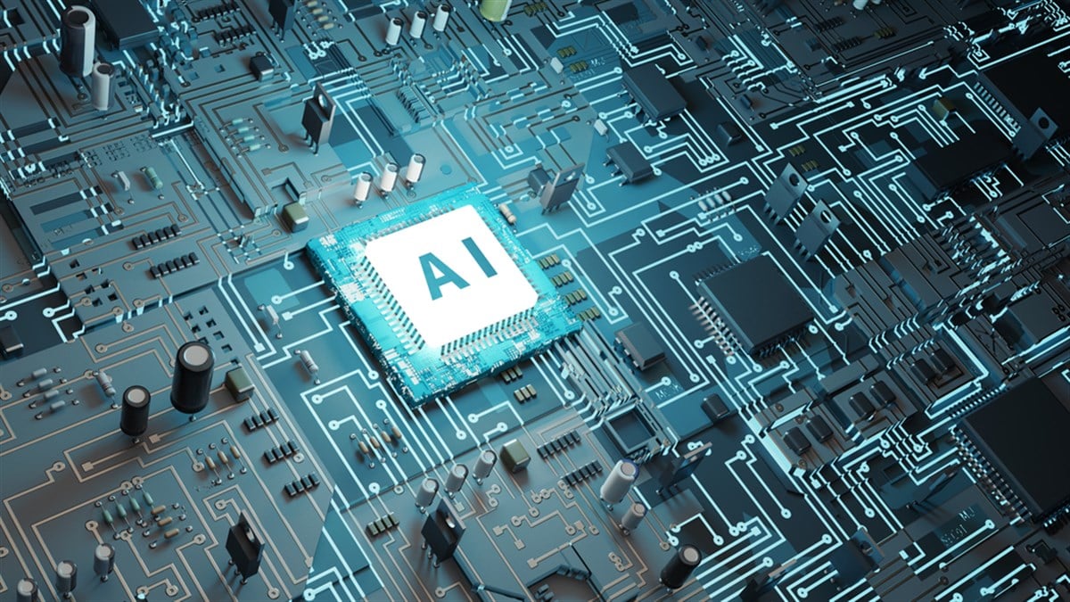 Ai processor and circuit board concept image, 3d - stock image