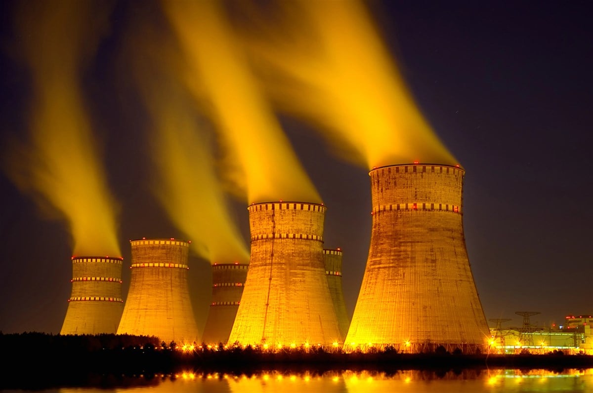 The cooling towers at night of the nuclear power generation plan — Photo