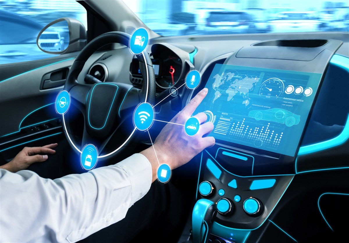 Driverless car interior with futuristic dashboard for autonomous control system . Inside view of cockpit HUD technology using AI artificial intelligence sensor to drive car without people driver . - stock image