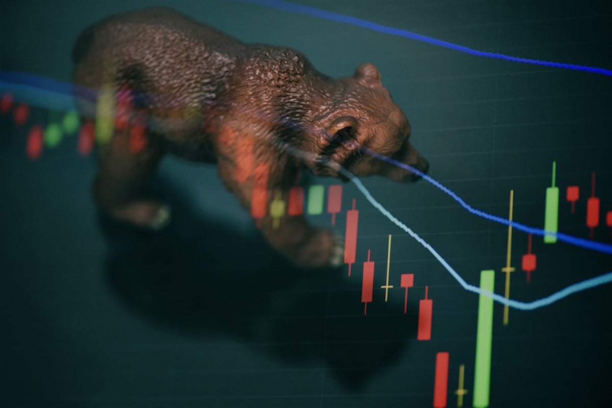 War stock trading bull and bear market concept with stock chart crisis red price drop arrow down chart fall, stock market bear finance risk trend investment business and money losing economic