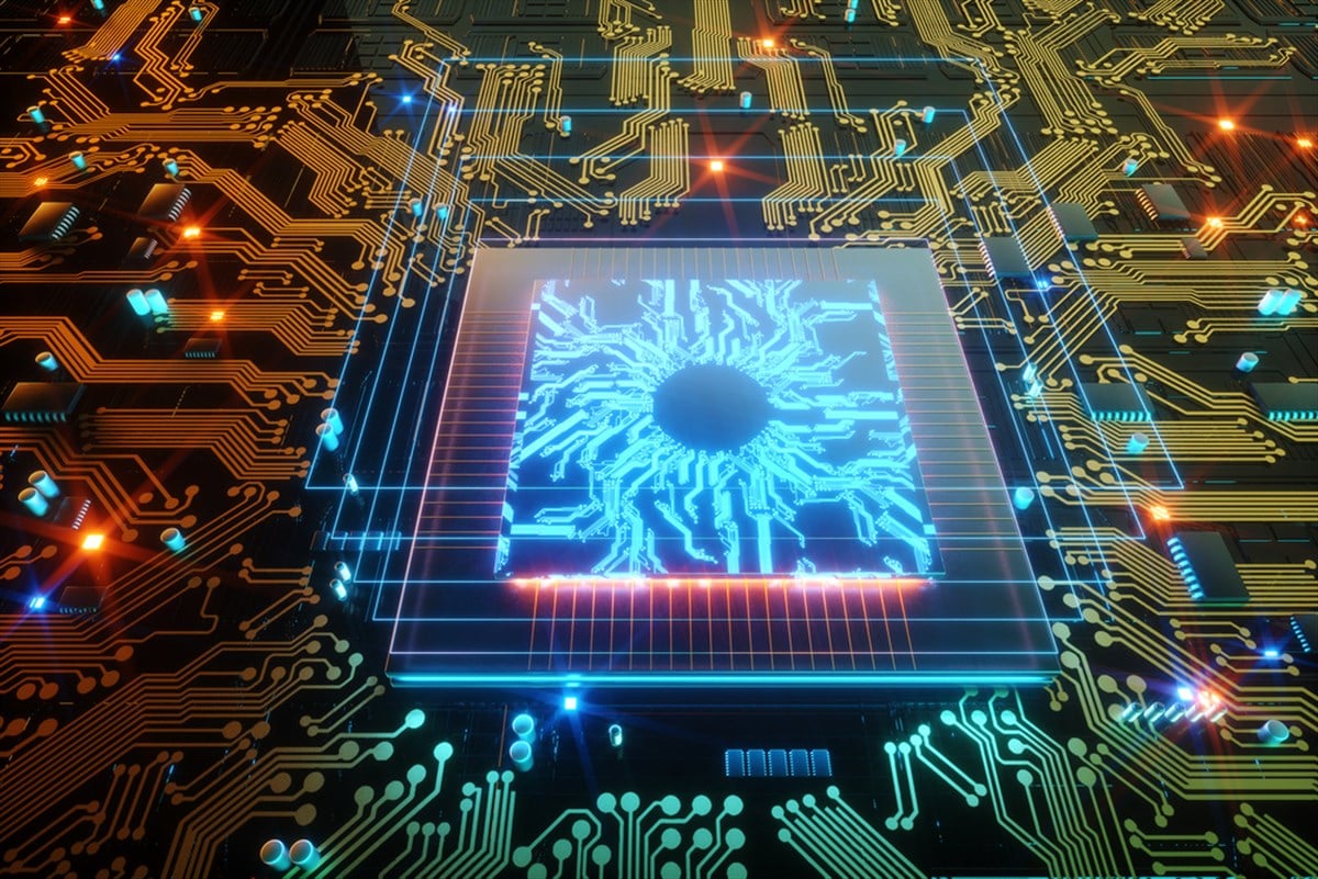 3D render CPU Technological background. Concept circuit board with computer central processing unit. Digital Chip Integrated Communication Processor. Copy space - stock image