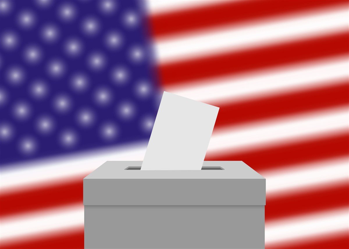 USA election banner background. Ballot Box with blurred flag