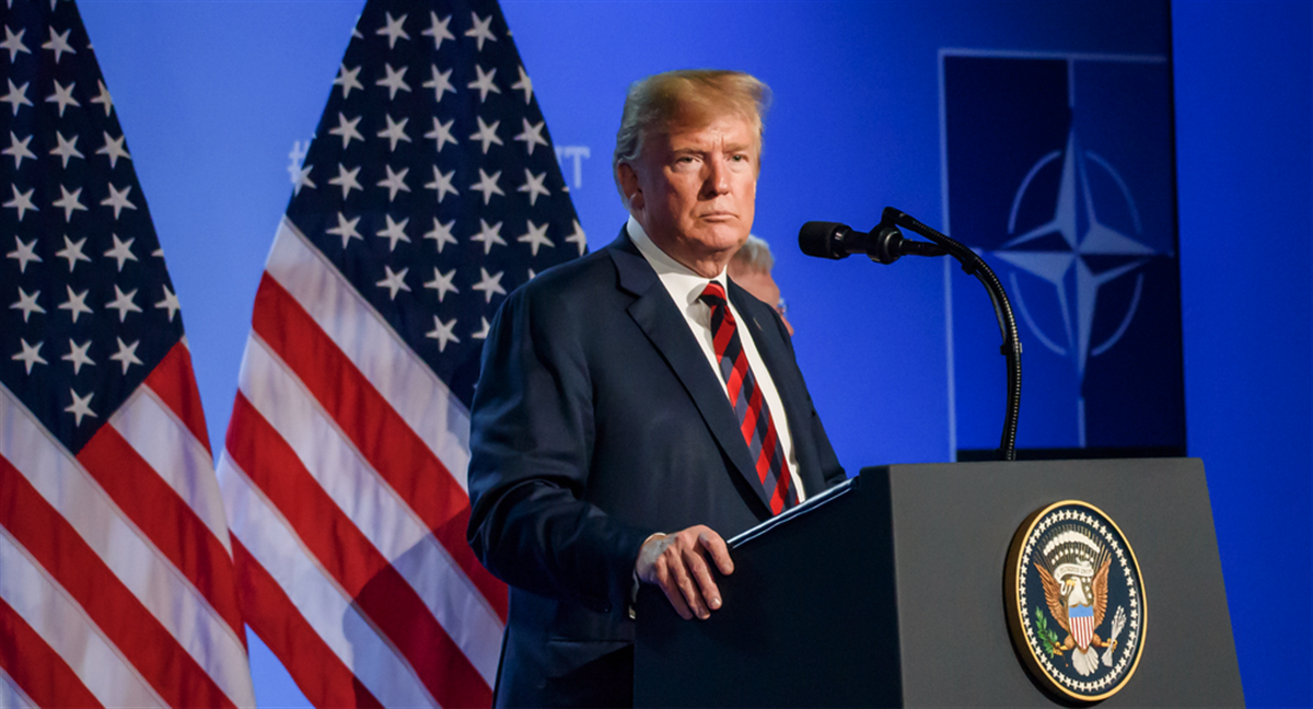 Press conference of Donald Trump, President of United States of America, during NATO (North Atlantic Treaty Organization) SUMMIT 2018 - Stock Editorial Photography