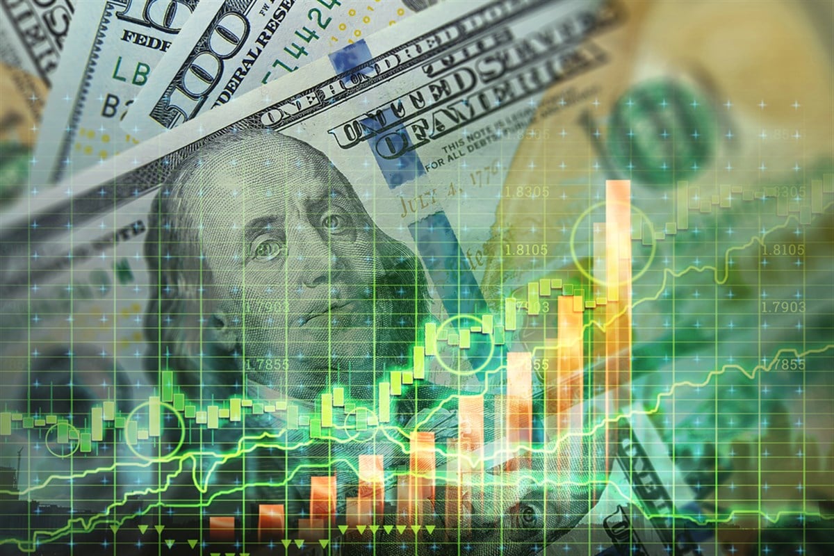 US dollar on the background of the financial chart. Concept Economy, business investment, economic crisis, decline in profits, recession. mixed media - stock image