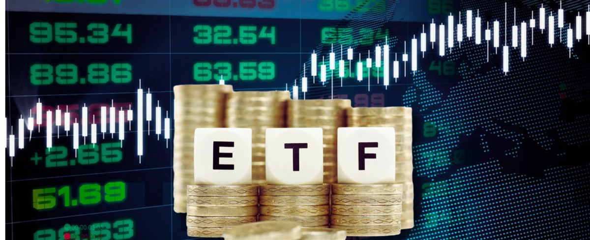 Exchange Traded Fund (ETF) concept. Wooden cube standing with "ETF" text