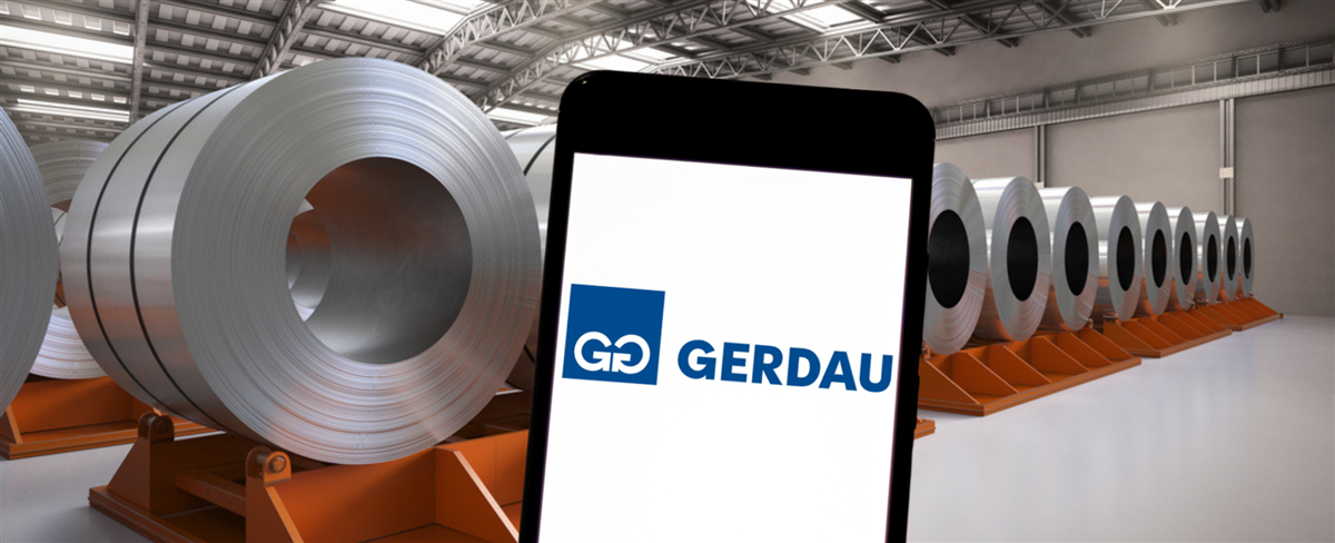 Gerdau logo and steel rolls