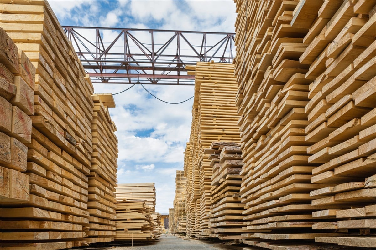 Lumber yard stacks of lumber