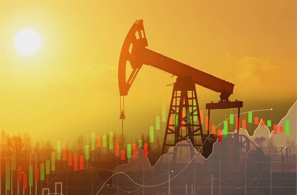 Rise in gasoline prices concept with double exposure of digital screen with financial chart graphs and oil pumps on a field - stock image