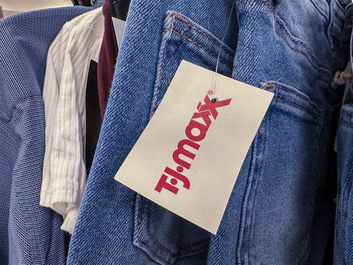 Plymouth, Minnesota - October 14, 2022: Close up of a TJ Maxx sales tag on a pair of jeans.