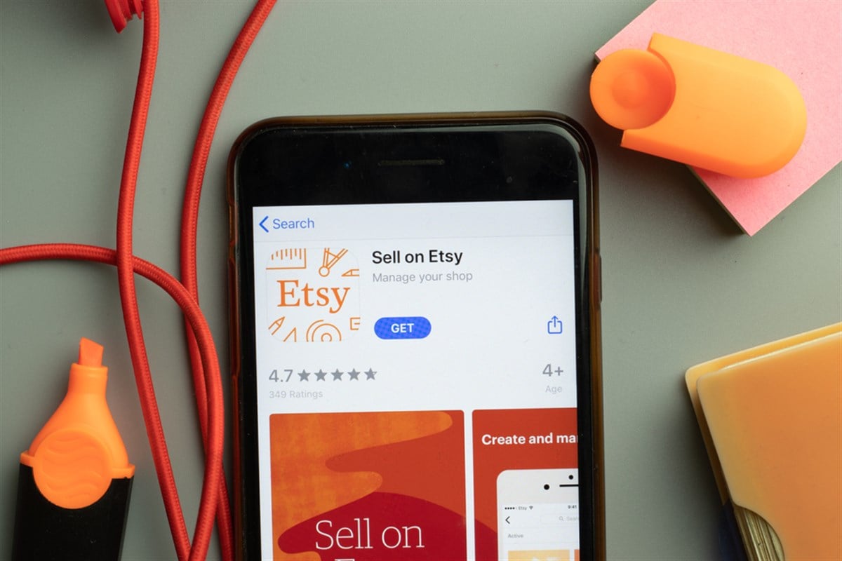 New York, United States - 7 November 2020: Sell on Etsy app store logo on phone screen, Illustrative Editorial.