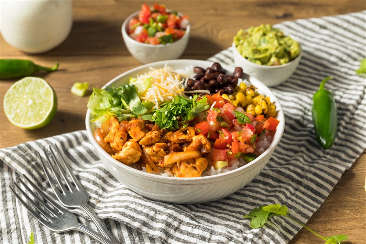 Homemade Healthy Chicken Burrito Bowl with Salsa Corn and Beans