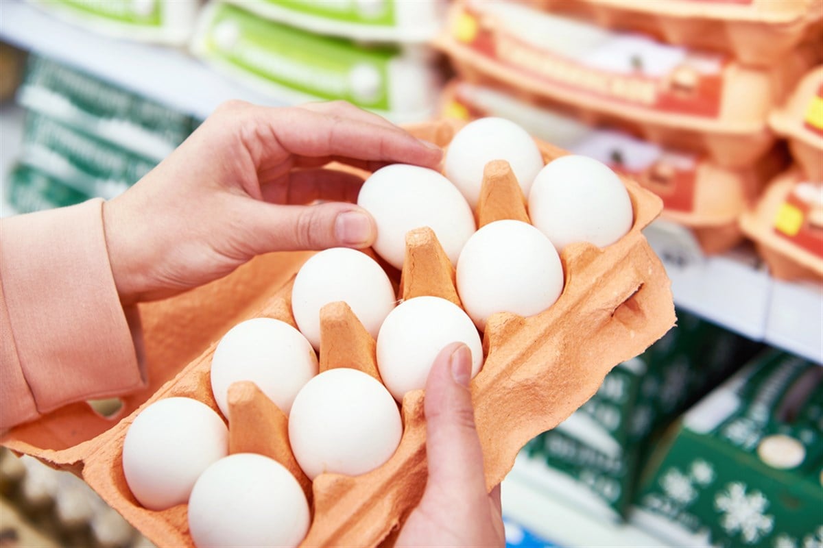 In the hands of a woman packing eggs in the supermarket — Photo