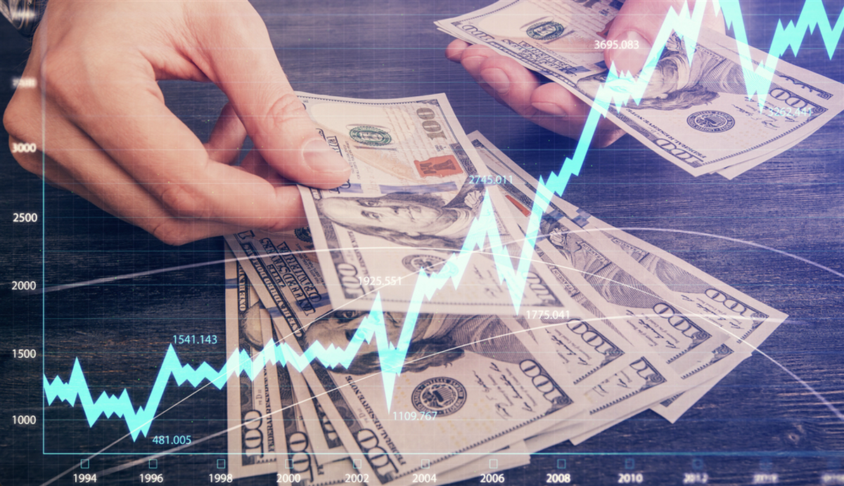 Multi exposure of financial graph drawing hologram and USA dollars bills and man hands. Analysis concept. — Photo