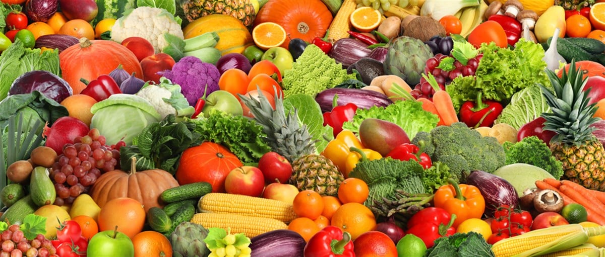 Assortment of fresh vegetables and fruits as background, banner design - stock image