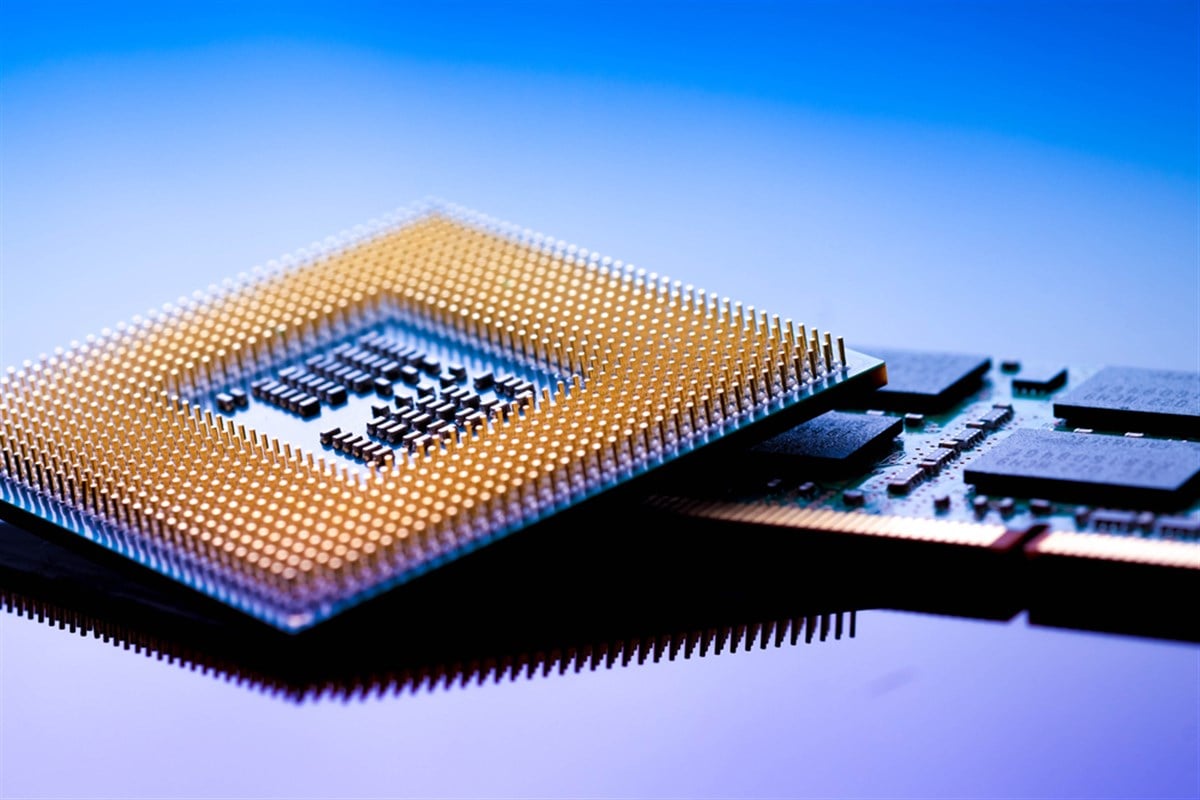 technology cyber electronic concept. cpu ram computer on blue light background