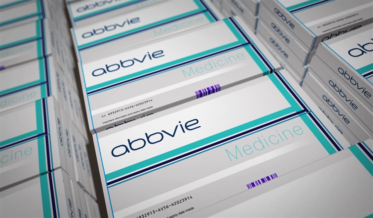 Poznan, Poland, October 25, 2023: Abbvie tablets box production line. Pharmaceutical company. Pills pack factory. Abstract concept 3d rendering illustration.