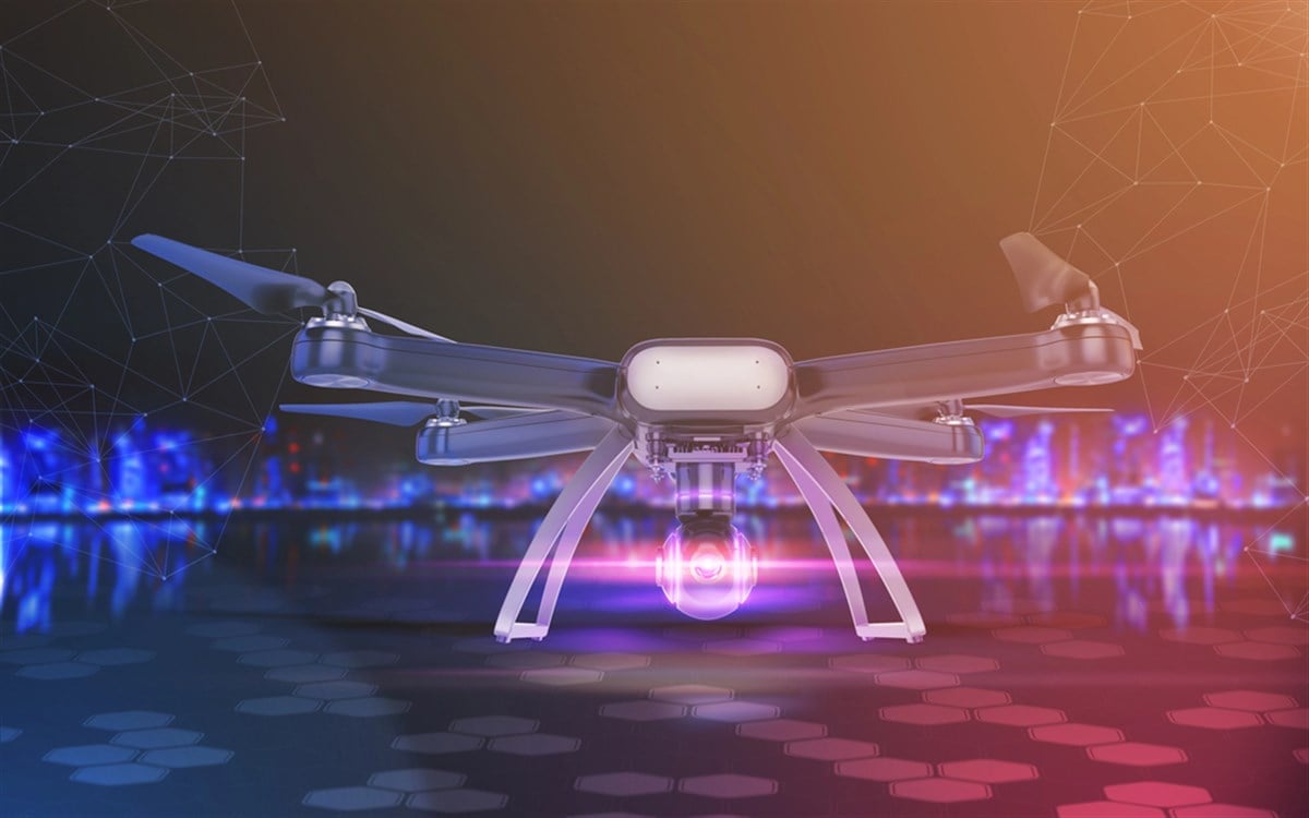 Double Exposure, Modern Remote Control Air Drone Flying with action camera. on black background. 3D . - stock image