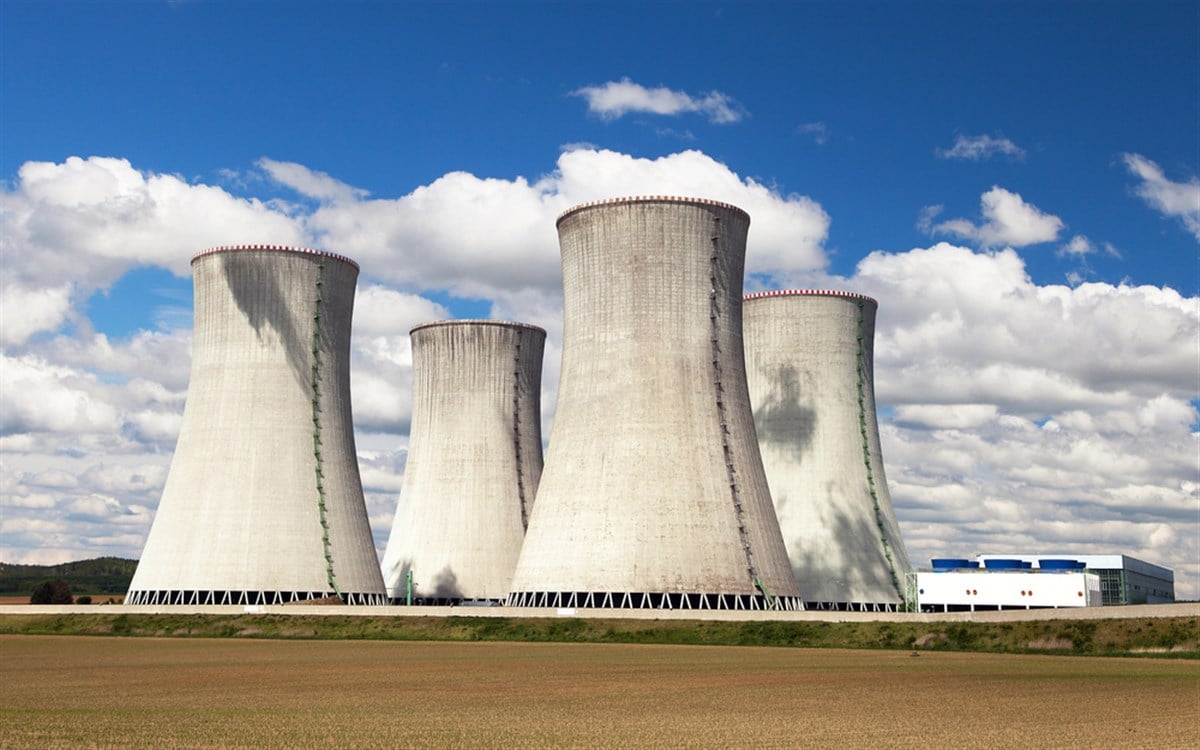 Cooling tower with clouds, nuclear power plant Dukovany - stock image