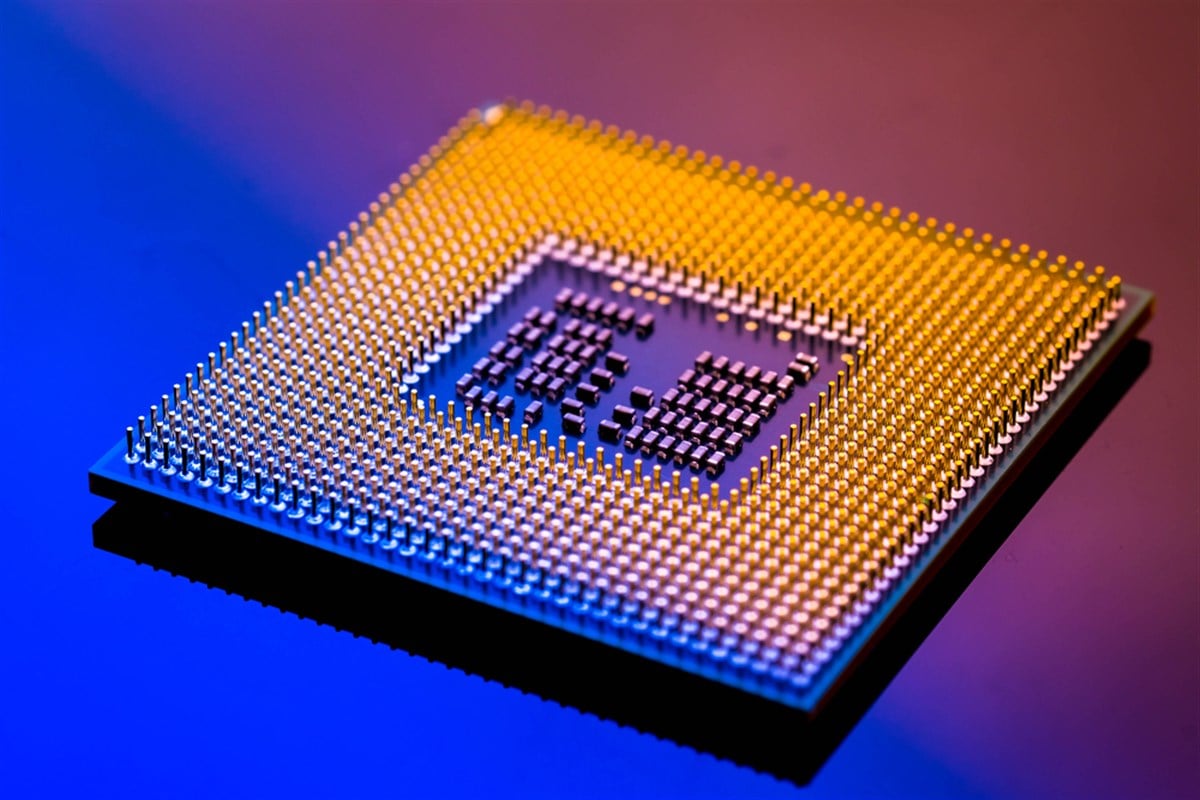 technology cyber electronic concept. cpu ram computer on blue light background