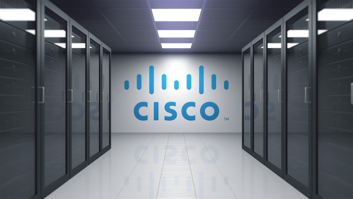 Cisco Systems logo on the wall of the server room. Editorial 3D