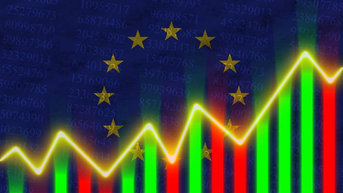 European Union Flag, Financial Chart, Finance Graph, Stock Market, Stock Exchange Graph, Stock Indexes, Economic Growing , 3D Illustration - stock image