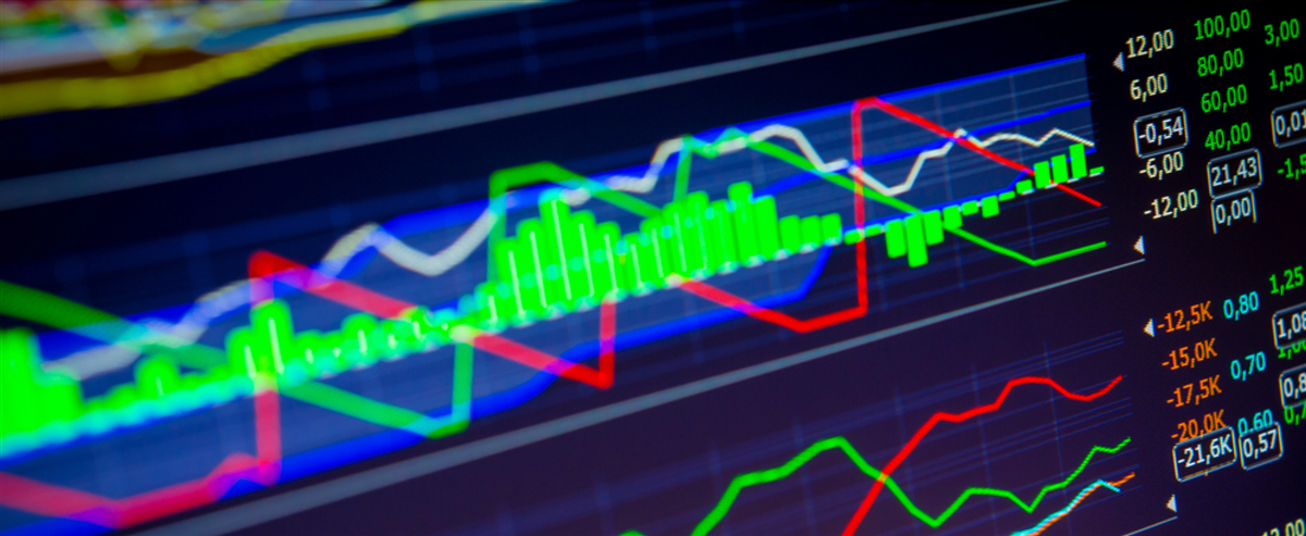 Data analyzing in forex market: the charts and quotes on display - stock image