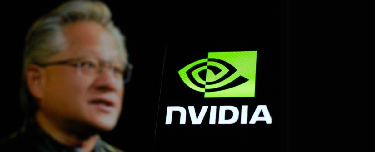 Indonesia - March 10th 2024: nVIDIA logo with CEO Jensen Huang in the background, technology company. — Stock Editorial Photography