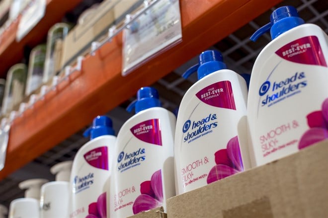 Manila, Philippines - Aug 2020: Head and Shoulders Shampoo plastic bottles in rows at a local supermarket