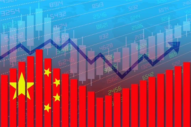 China flag on bar chart concept of economic recovery and business improving after crisis such as Covid-19 or other catastrophe as economy and businesses reopen again.