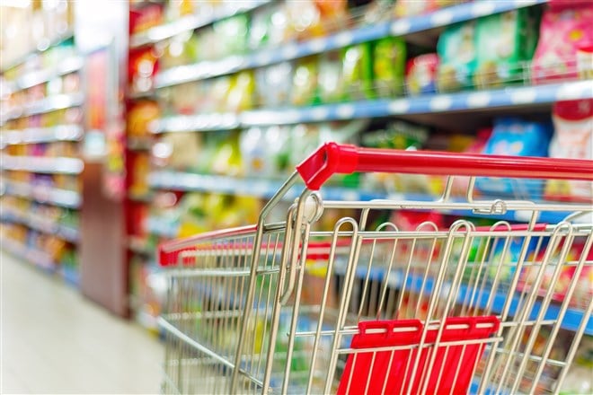 empty shopping cart with groceries blurred in background