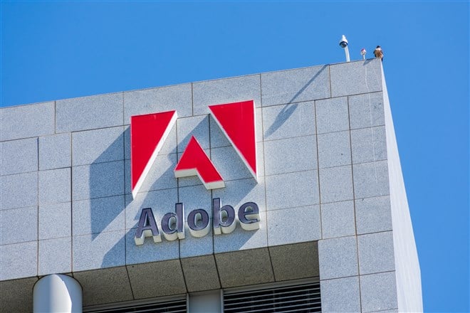 Adobe logo on Adobe Inc headquarters