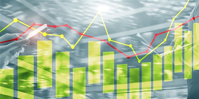 stock chart lines and bars on technology background