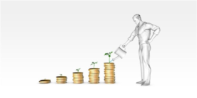 illustration of man watering pennies representing plants growing