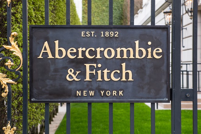 PARIS, FRANCE - APRIL 6, 2015: Abercrombie & Fitch clothing store plate on Champs Elysees. A&F is an American retailer with over 400 locations in the United States, and it's expanding internationally.