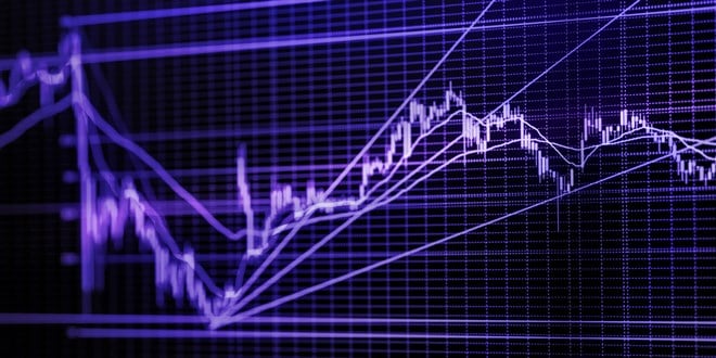 Stock market graph. Blue toned blurred image with diminishing perspective and selective focus