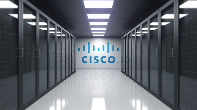 Cisco Systems logo on the wall of the server room. Editorial 3D