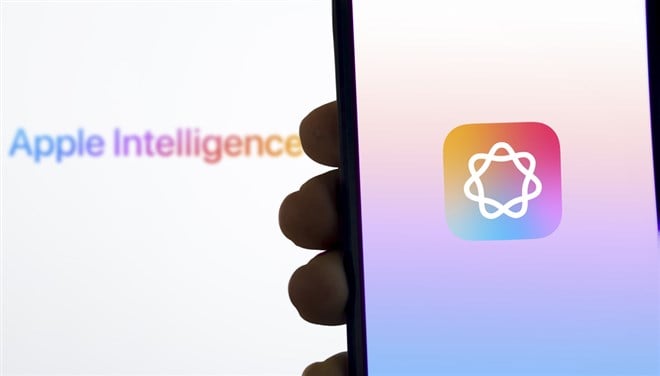 Apple logo is displayed on smartphone and Apple intelligence on the background