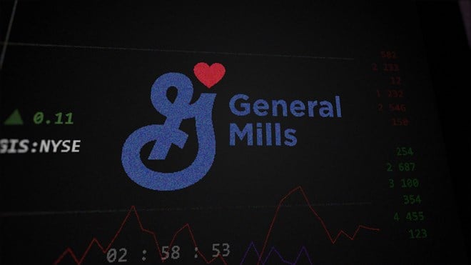 General Mills logo and stock on screen