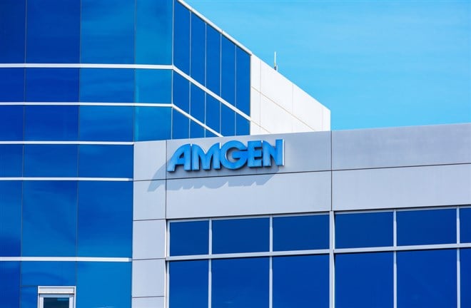 Amgen sign at biopharmaceutical company office