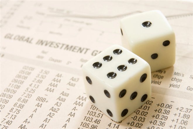 Imagine showing two white dice, one with one black dot, one with six black dots, on a sheet of paper listing Global investments