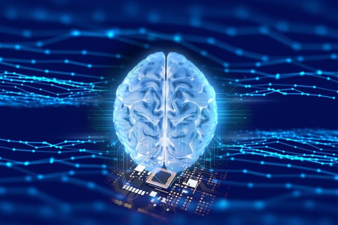 3d rendering of artificial brain and  microchip ,concept of neural network and relationship between human brain and microchip.