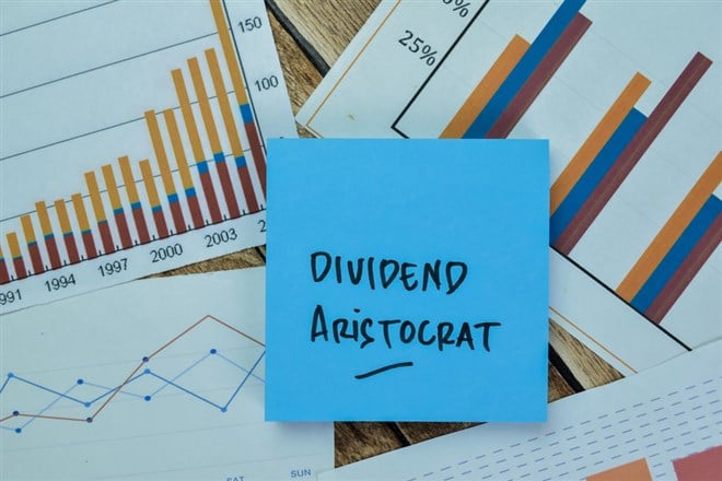Concept of Dividend Aristocrat write on sticky notes isolated on Wooden Table.