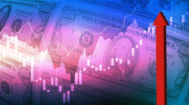 United States stock market chart and rising red arrow, financial data. Employment, interest, inflation, recession, economy and financial concept background image