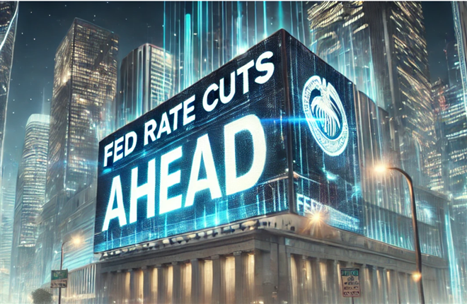 Fed Rate Cuts Head sign in middle of street cityscape