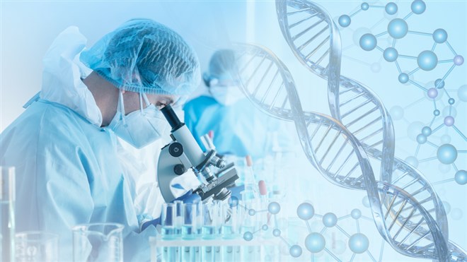 research and developement concept background scientist or reseacher using microscope in biotechnology laboratory  overlay with DNA strand and molecules symbo; . concept of DNA engineering