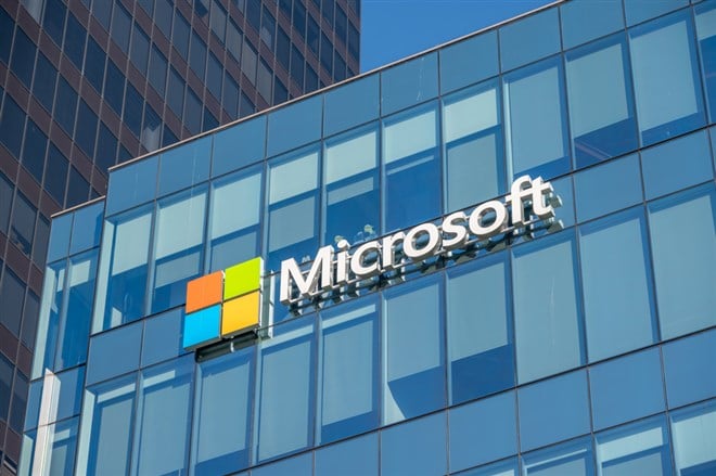 Vancouver, British Columbia - May 25, 2023: Microsoft logo on the side of a office building at sunset.