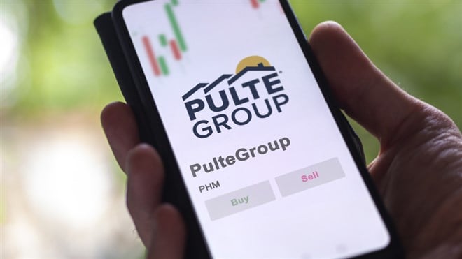 Close up on logo of PulteGroup on the screen of an exchange. PulteGroup price stocks, $PHM on a device