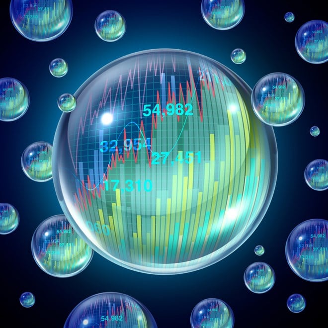 Stock market bubble concept and overvalued economy as a financial crisis as  inflated equity prices finance risk to investors and speculative valuation with 3D render elements.